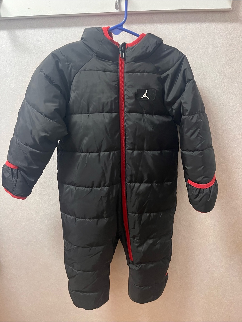 Jordan Black Puffer One-Piece Snowsuit with Red Trim